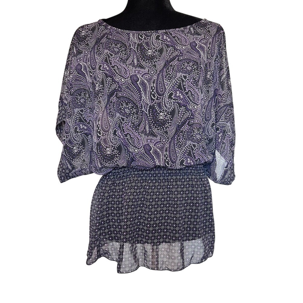 Miley Cyrus x Max Azria Smocked Chiffon Dolman Top Purple Paisley Mixed Print L